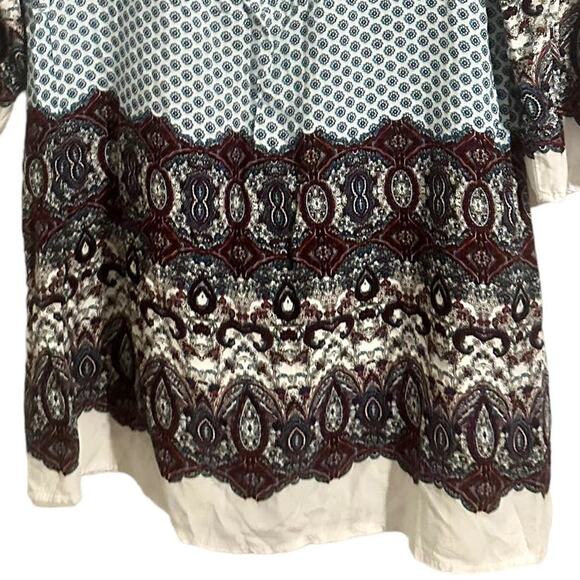 Vintage Pullover Tunic Top Batik Print V-Neck Zipper Blouse Blue Burgundy M/L - Picture 5 of 9